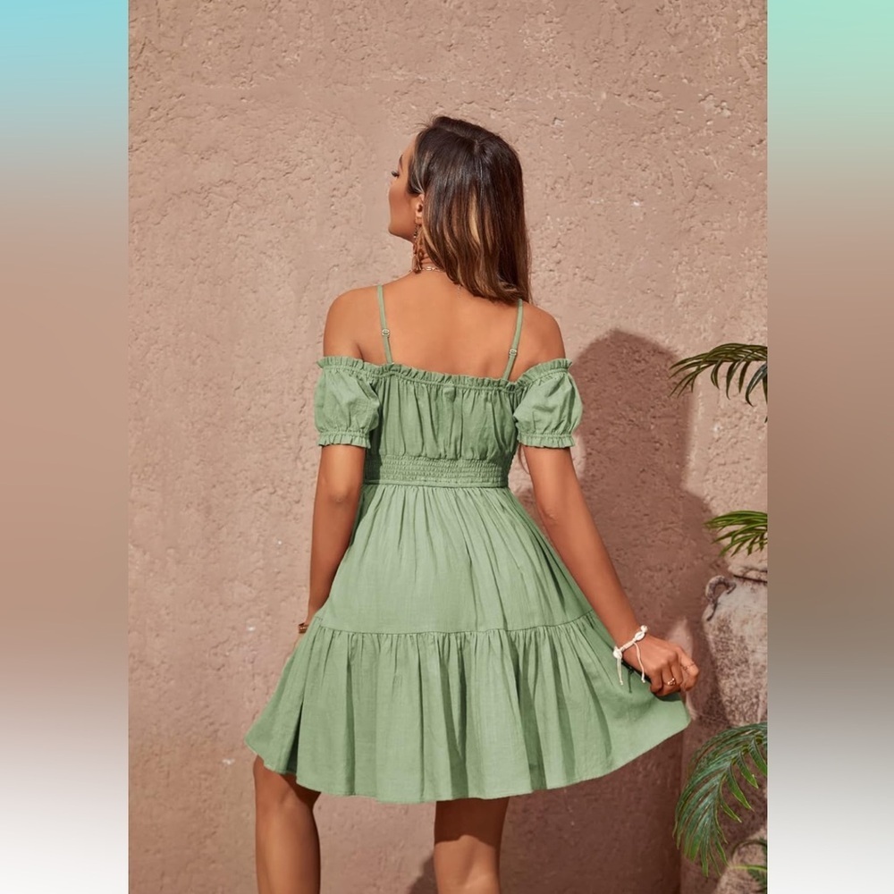 Zexxxy Womens Summer Off Shoulder Mini Dress Spaghetti Strap Ruffle Puff Sleeve - Picture 2 of 6